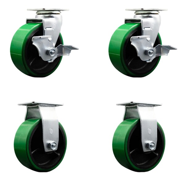 5 Inch Green Poly on Cast Iron Caster Set with Ball Bearings 2 Brakes 2 Rigid